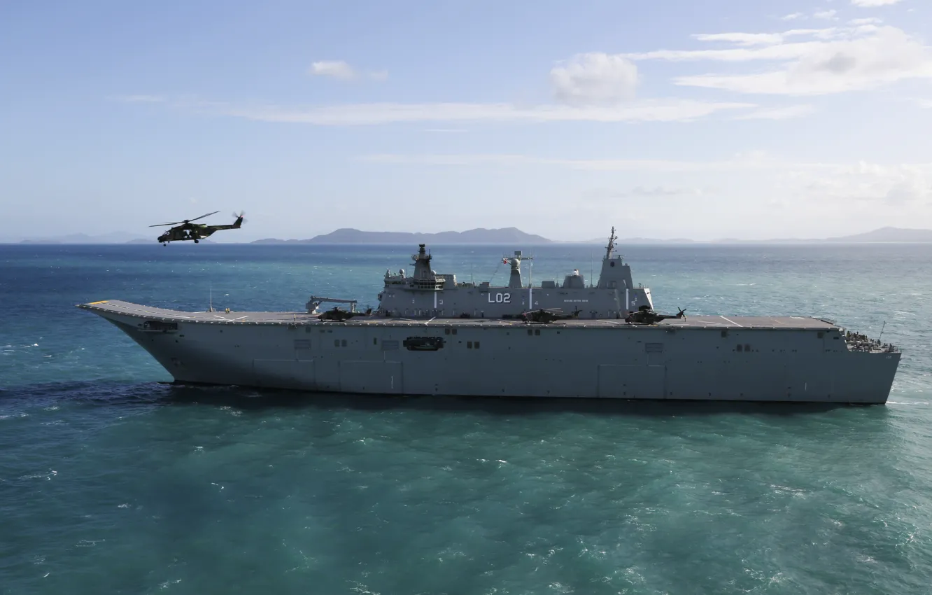 Photo wallpaper sea, landing, ship helicopter, HMAS Canberra