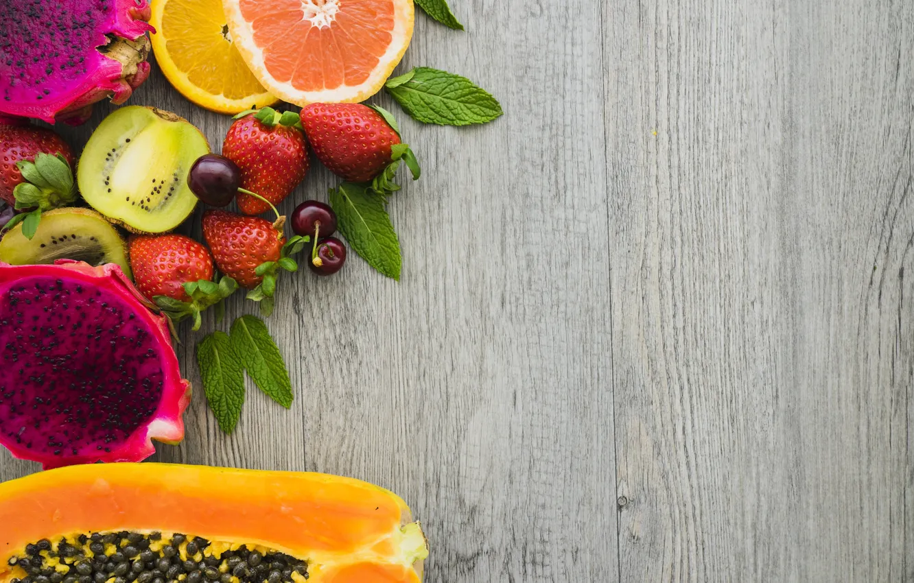 Photo wallpaper leaves, berries, orange, kiwi, strawberry, citrus, mint, the grapefruit