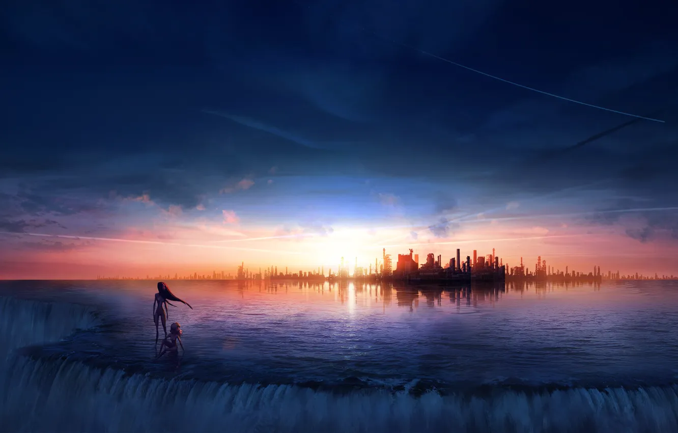 Photo wallpaper sea, water, the sun, landscape, sunset, city, the city, open