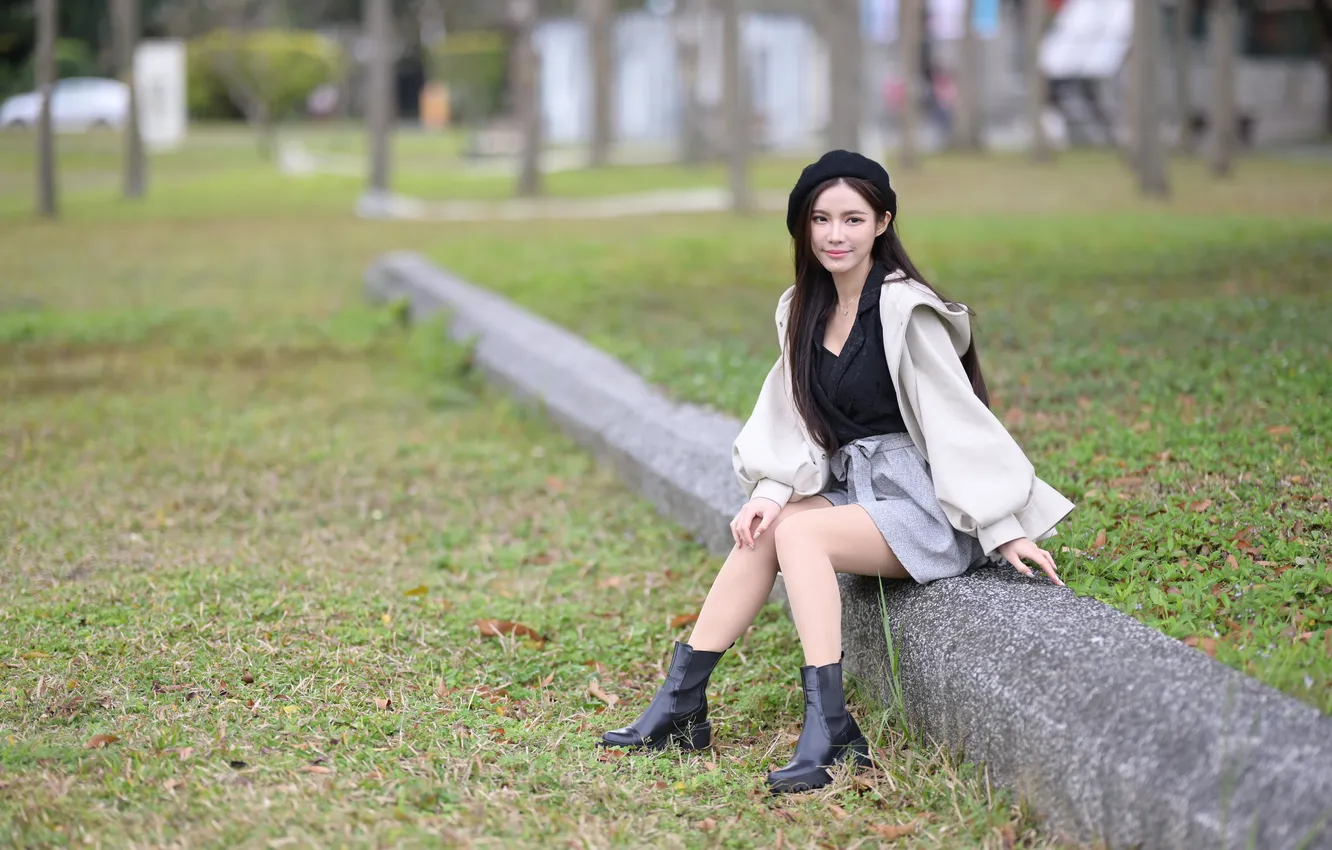 Photo wallpaper grass, pose, Park, model, skirt, portrait, makeup, figure