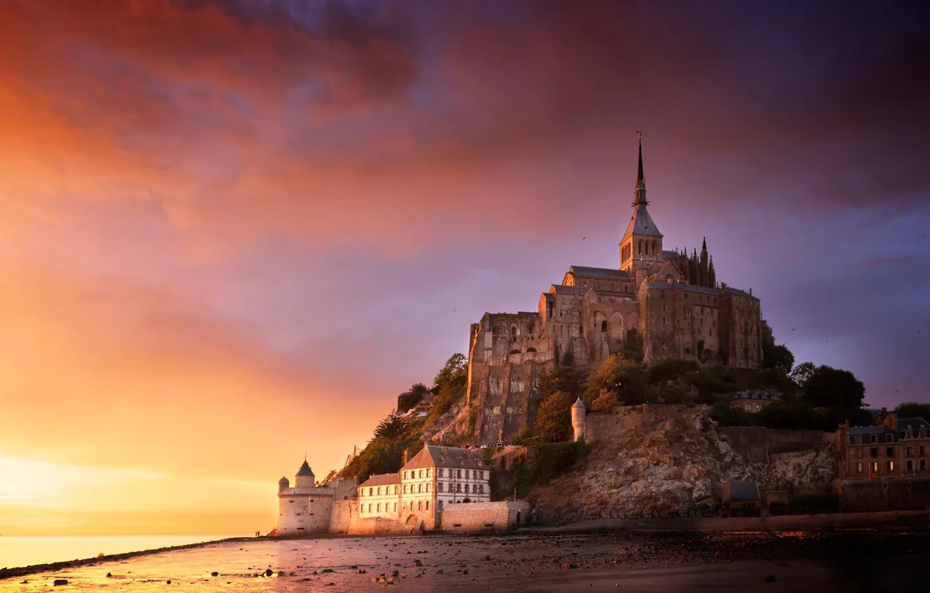 Photo wallpaper sunset, rock, France, fortress, France, Normandy, Normandy, Mont-Saint-Michel