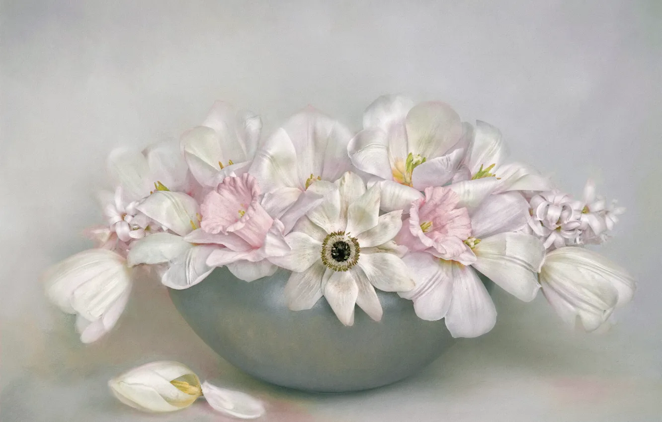 Photo wallpaper flowers, bouquet, bowl, petals, art, tulips, pink, white