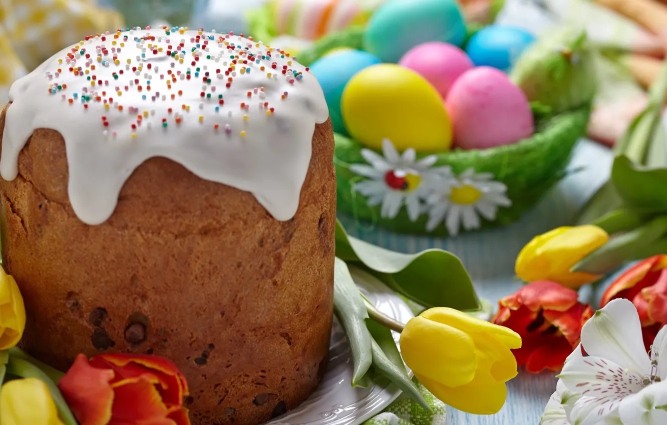 Photo wallpaper flowers, eggs, Easter, tulips, cake