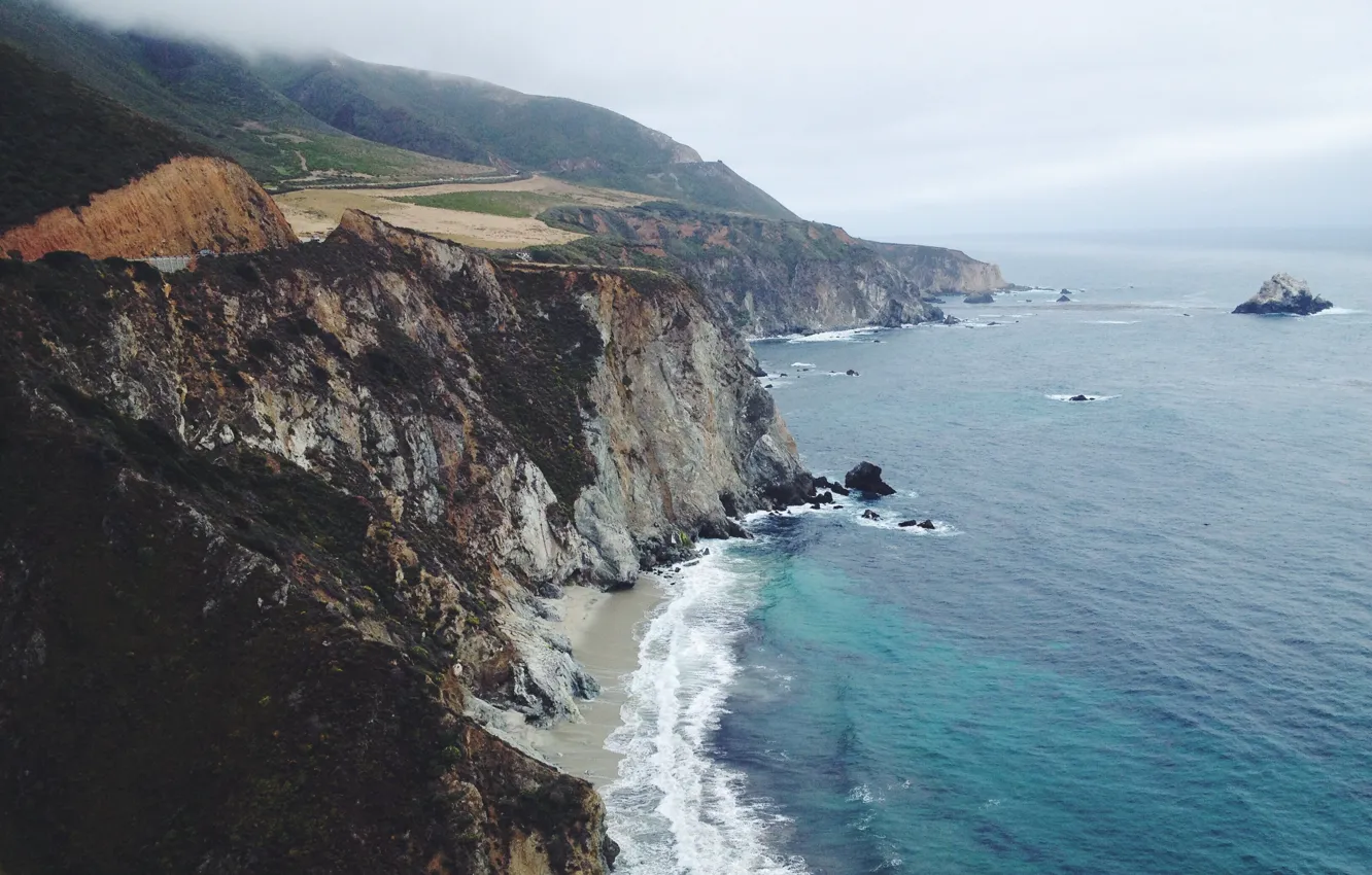 Photo wallpaper road, wave, beach, fog, rocks, CA, island, coastline