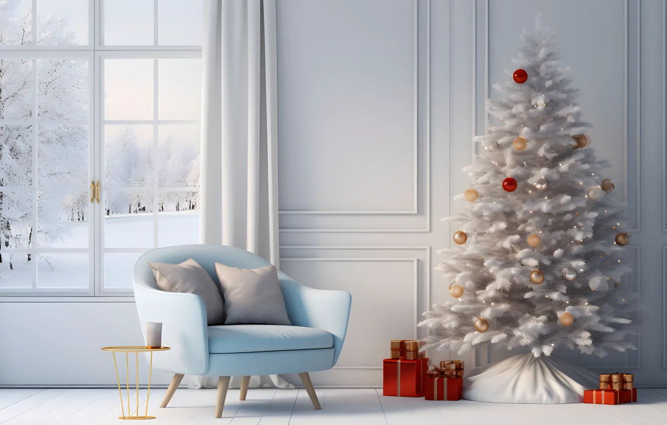 Photo wallpaper decoration, room, gift, balls, tree, new year, interior, Christmas