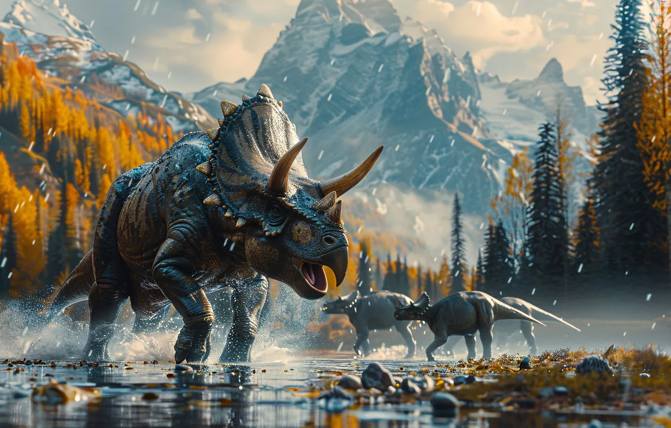 Photo wallpaper water, trees, mountains, squirt, animal, dinosaur, horns, Triceratops