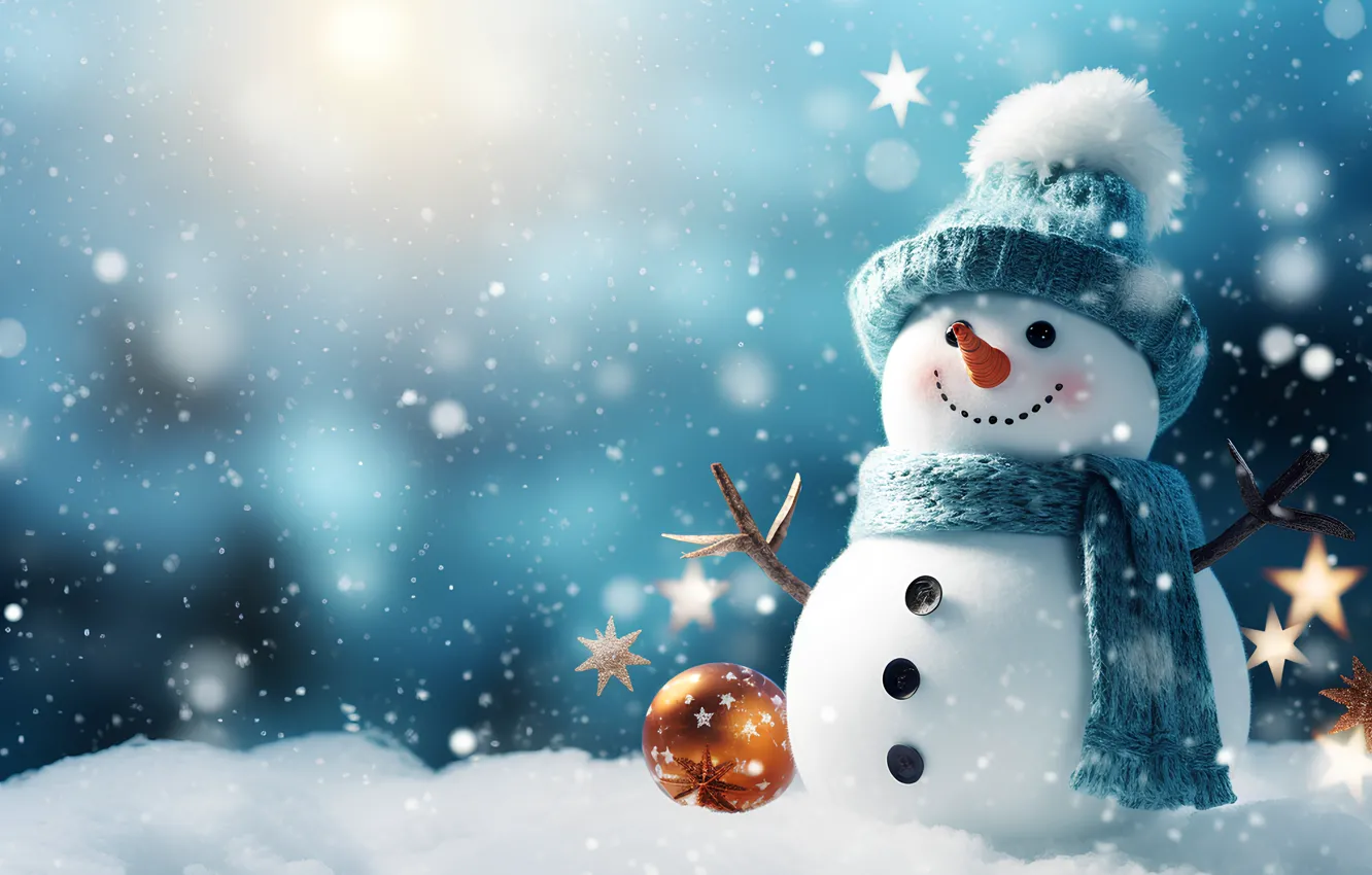 Photo wallpaper winter, snow, new year, Christmas, snowman, Christmas, night, winter