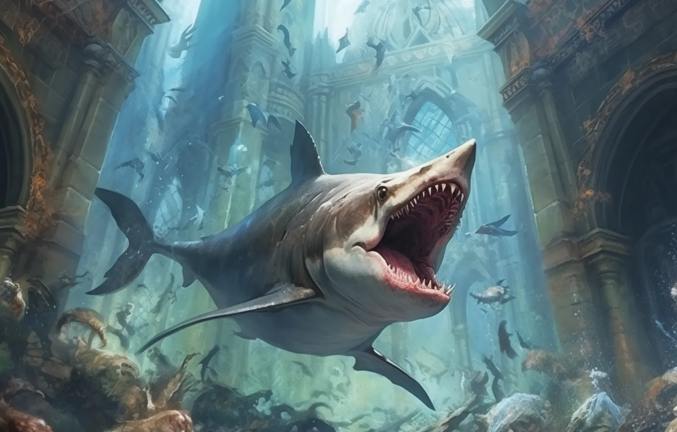 Photo wallpaper building, predator, shark, teeth, mouth, underwater world, digital art, AI art