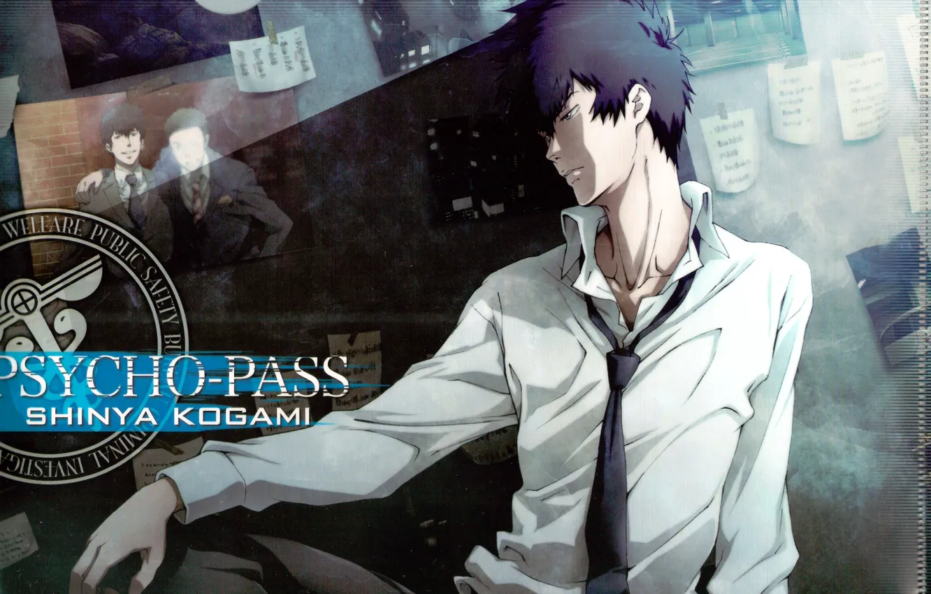 Photo wallpaper wall, tie, photos, sticker, white shirt, psycho-pass, shinya kougami, detective