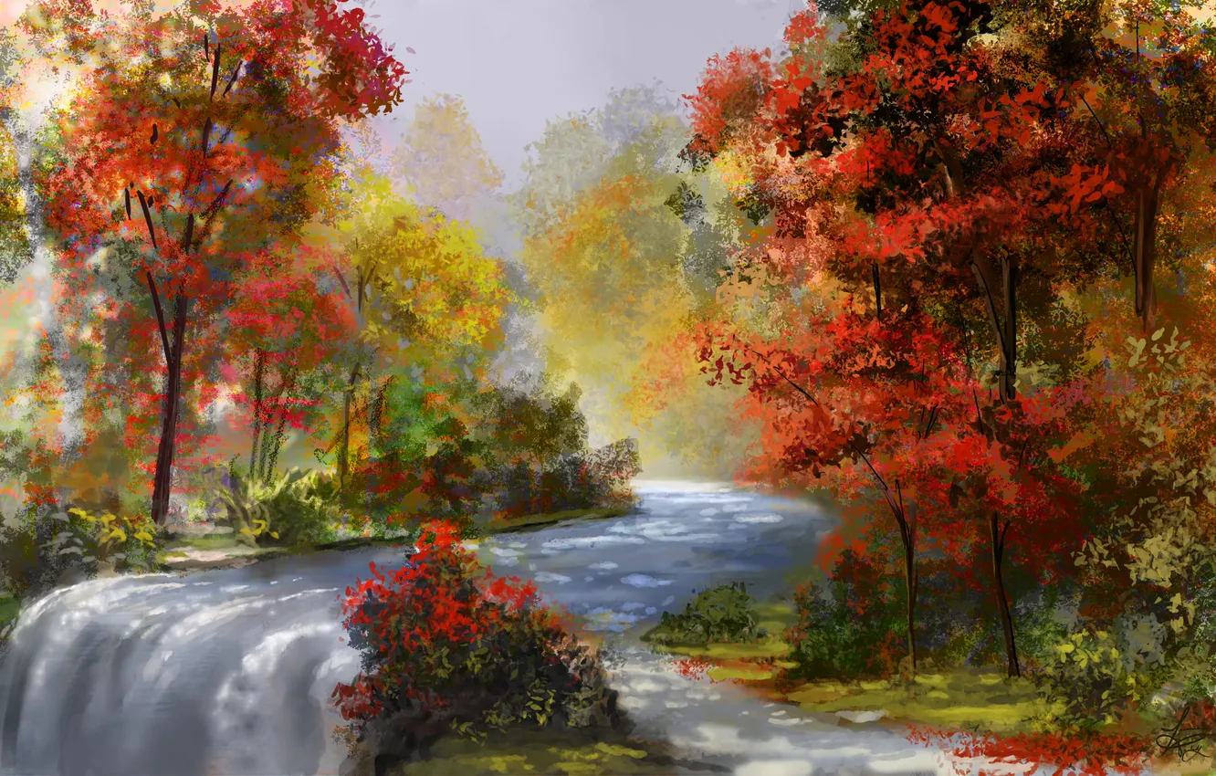 Photo wallpaper autumn, water, trees, river, stream, art