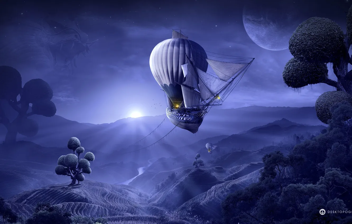 Photo wallpaper night, fiction, the airship, digital art