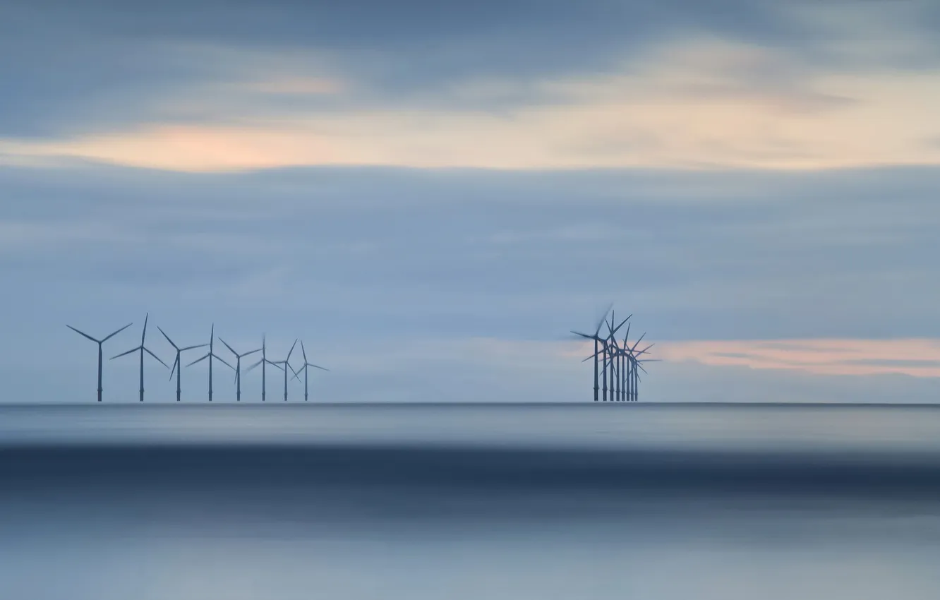 Photo wallpaper sea, landscape, sunset, windmills