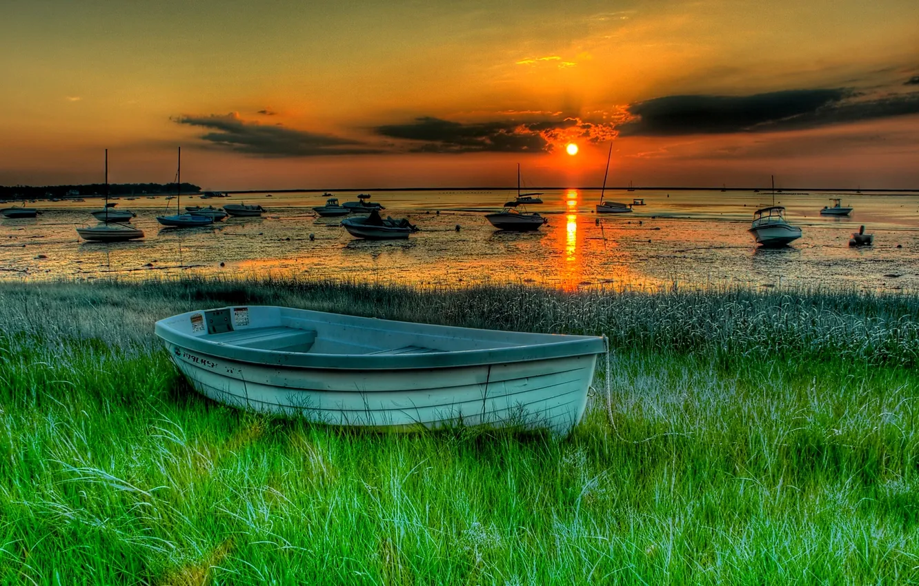 Photo wallpaper landscape, sunset, nature, boat, HDR, beautiful, landscape, nature