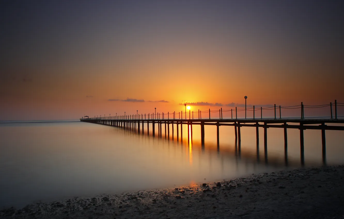 Photo wallpaper sea, the sun, sunset, pier, pierce