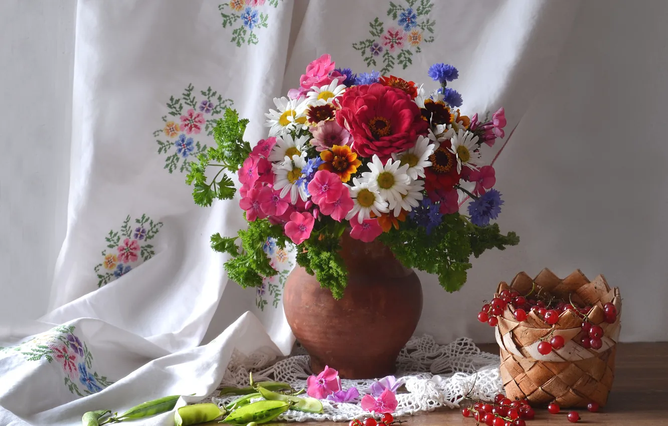 Photo wallpaper summer, chamomile, bouquet, peas, pitcher, currants, cornflowers, Phlox
