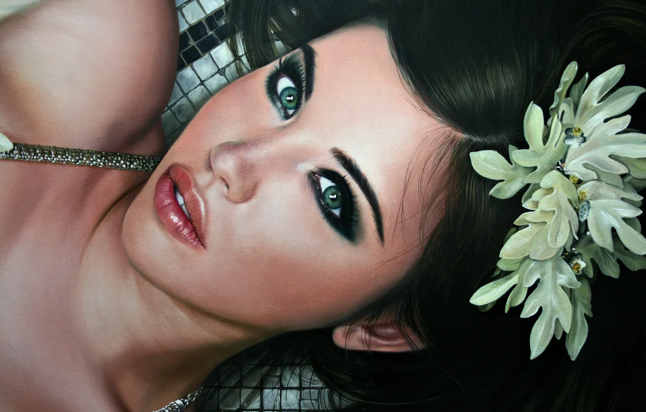 Photo wallpaper eyes, look, girl, flowers, face, hair, lips, lies