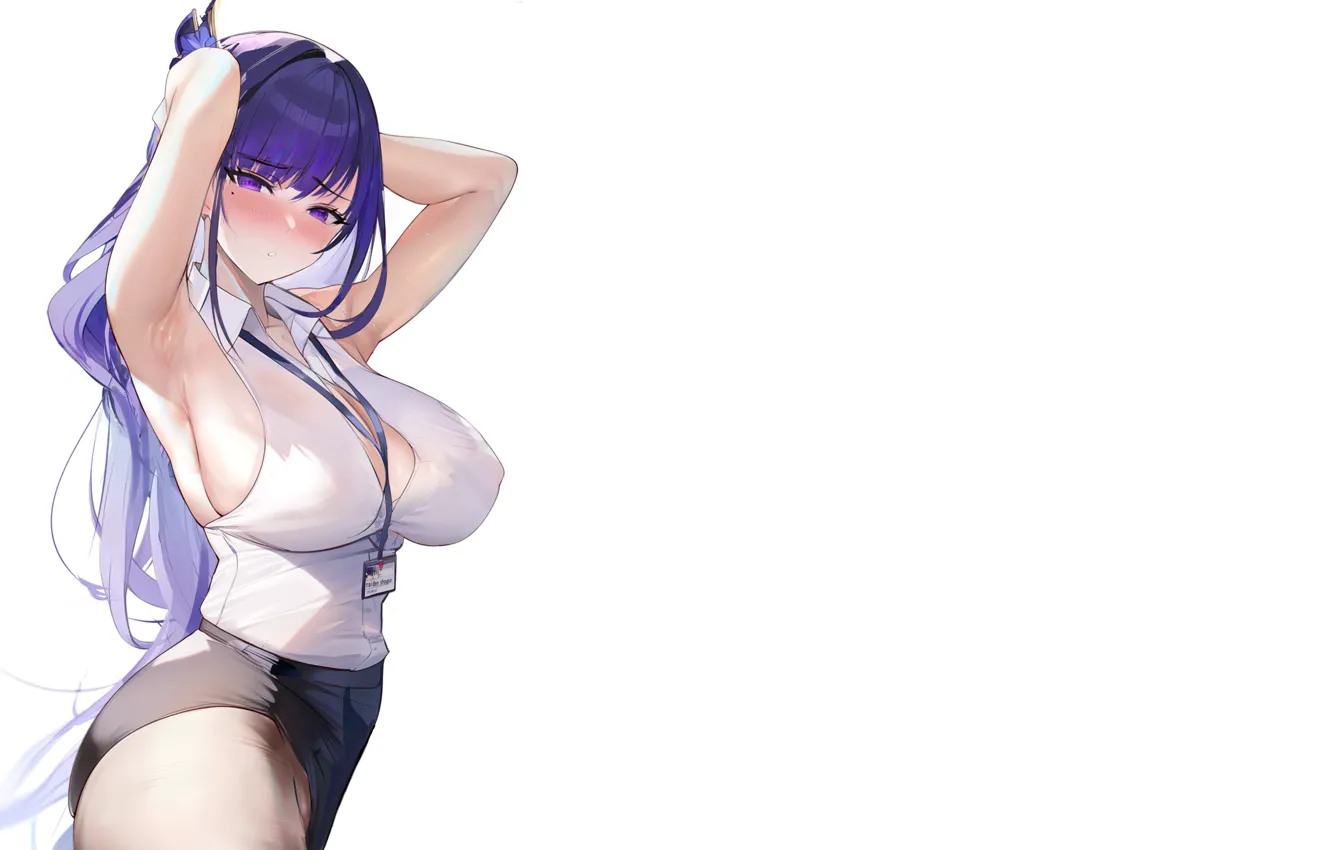 Photo wallpaper girl, hot, sexy, boobs, anime, purple, babe, office