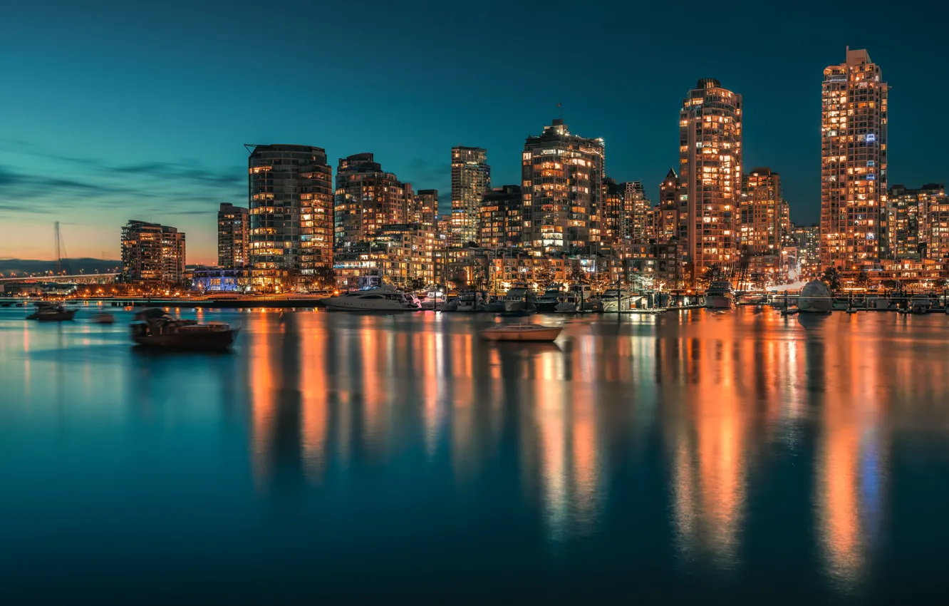 Photo wallpaper the sky, light, night, the city, lights, reflection, shore, boat
