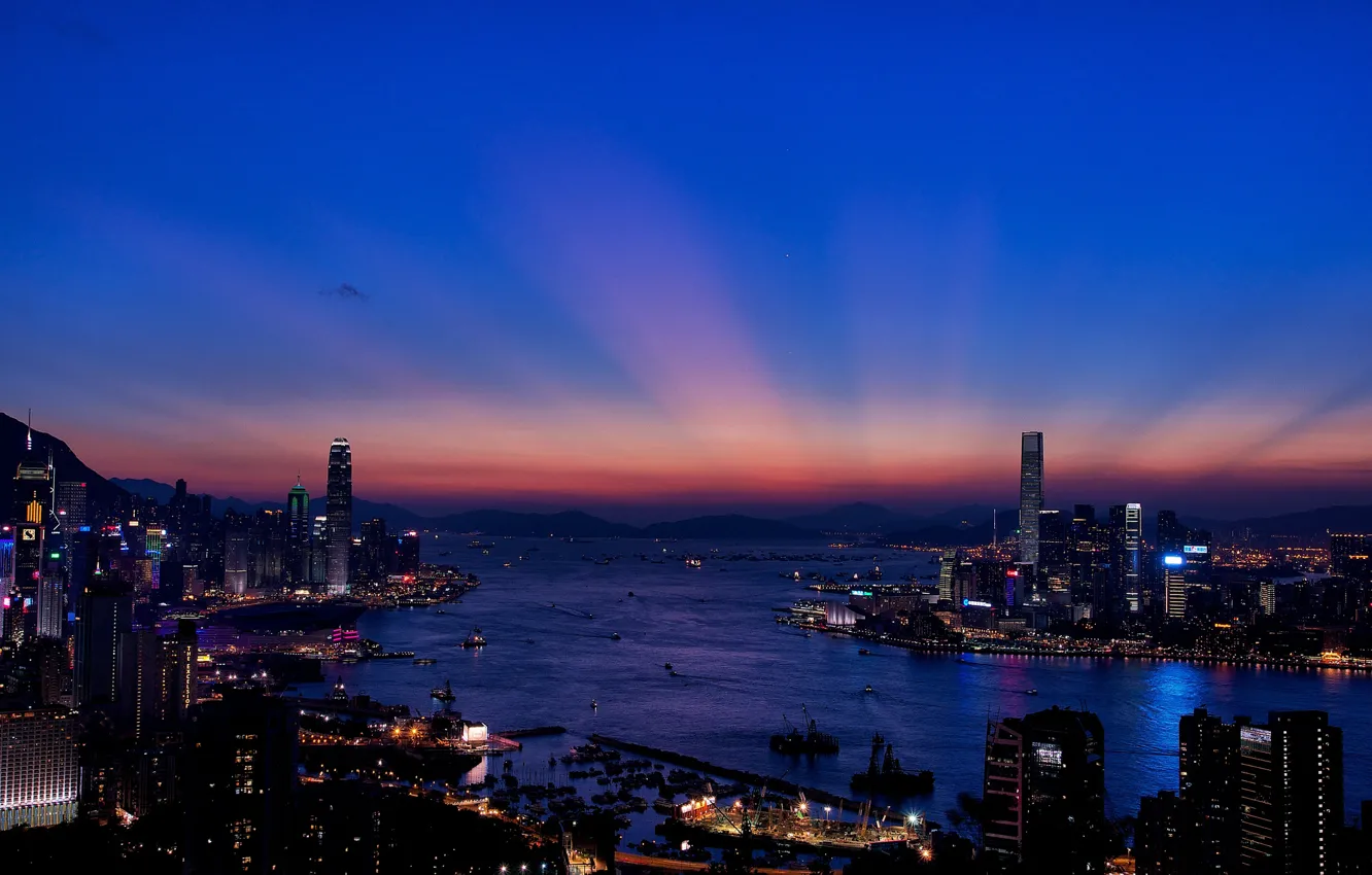 Photo wallpaper night, the city, lights, building, Hong Kong, skyscrapers, the evening, Bay