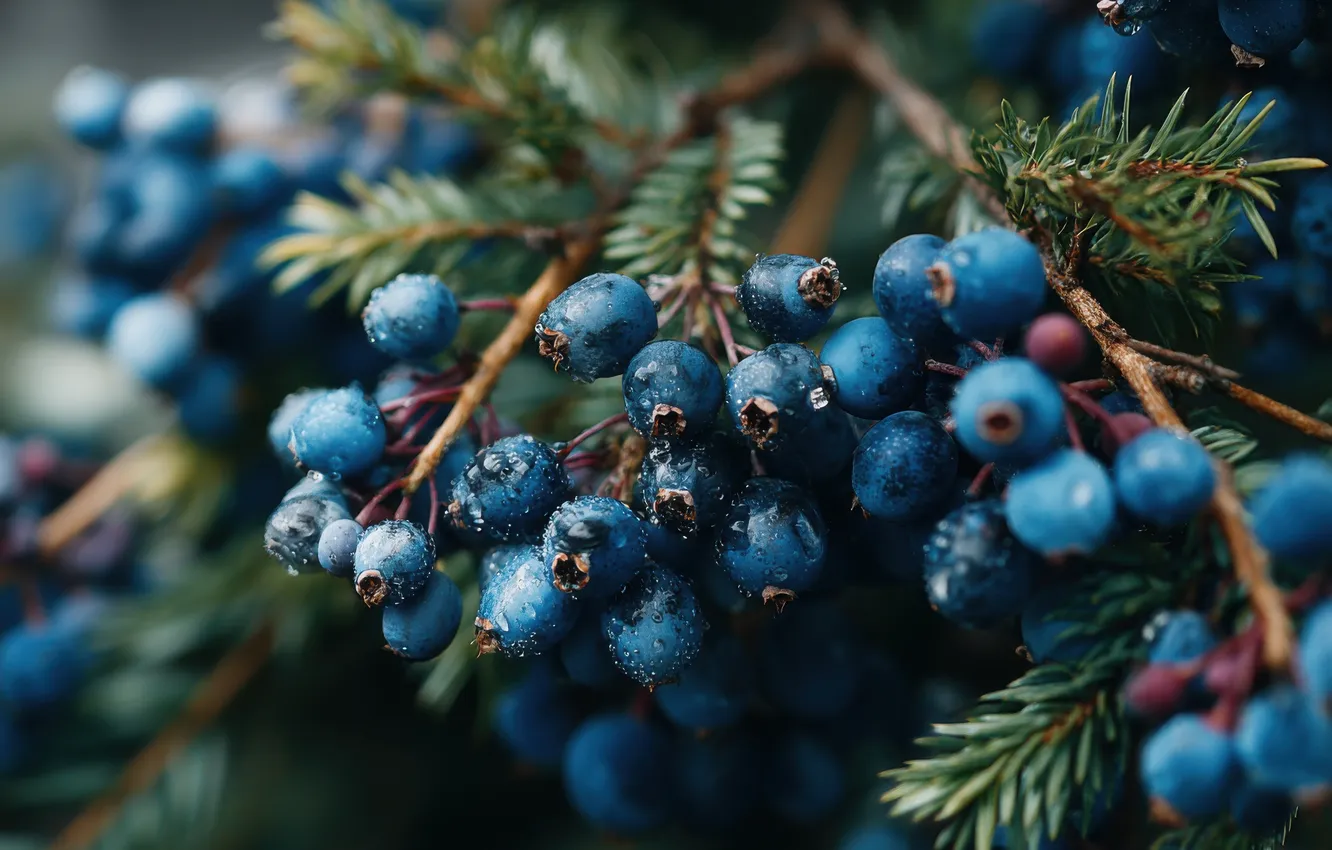 Photo wallpaper macro, branches, blue, berries, fruit, needles, bokeh, juniper