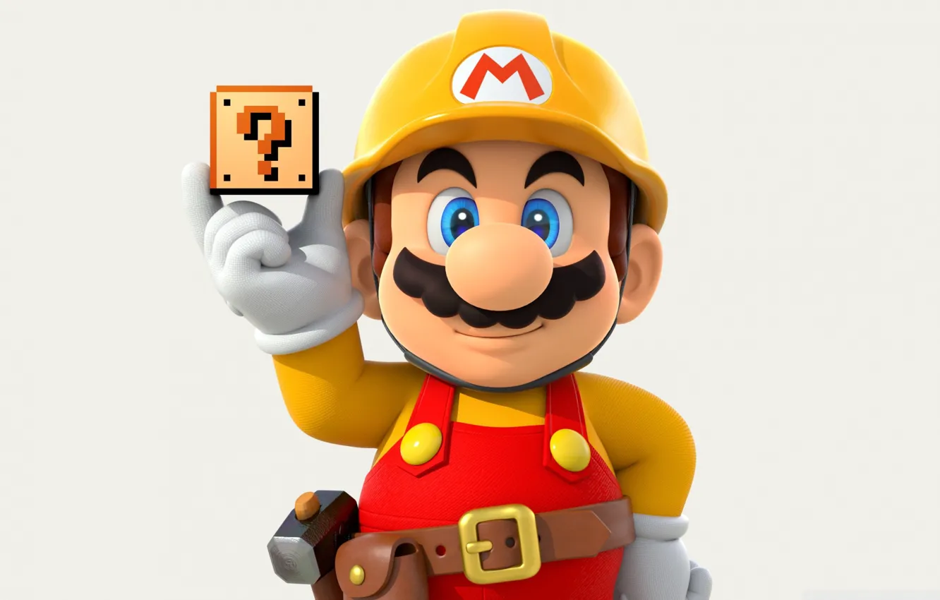 Photo wallpaper mustache, blocks, Mario, hammer, strap, Mario, helmet, the question mark