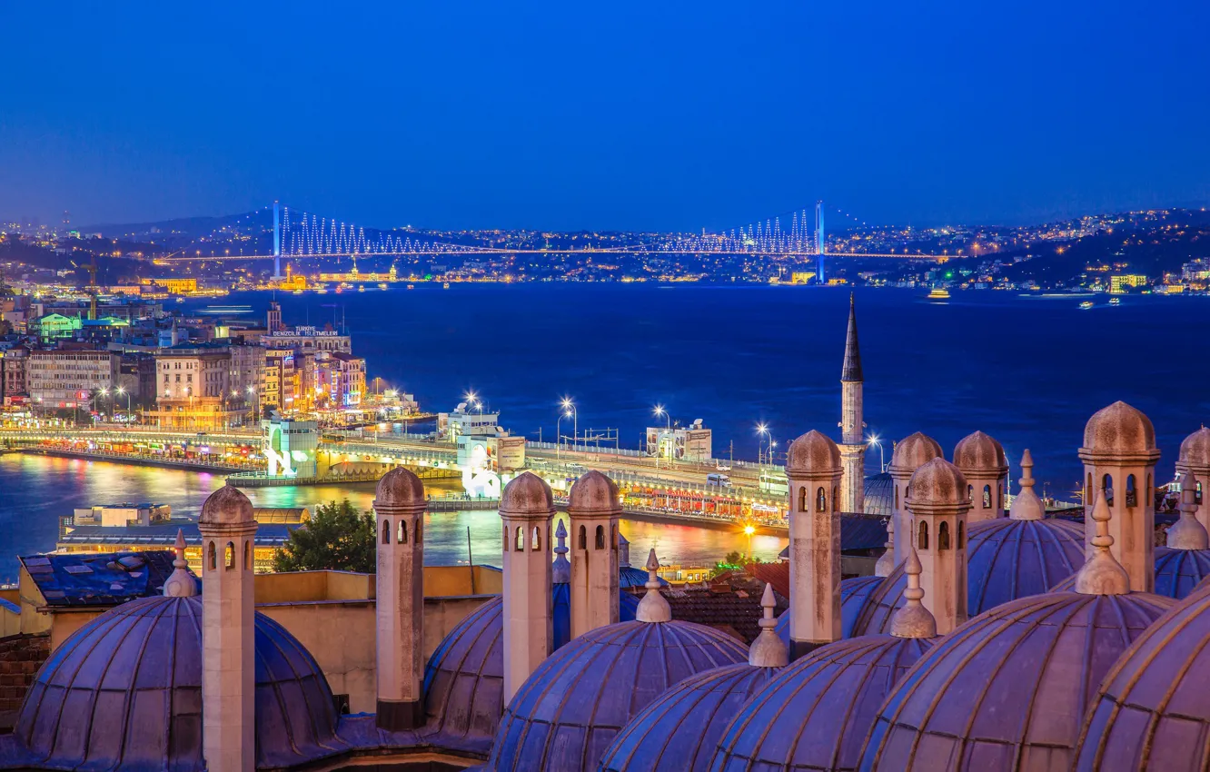 Photo wallpaper Strait, mosque, Istanbul, Turkey, Suleymaniye, Galata bridge, the Ataturk bridge