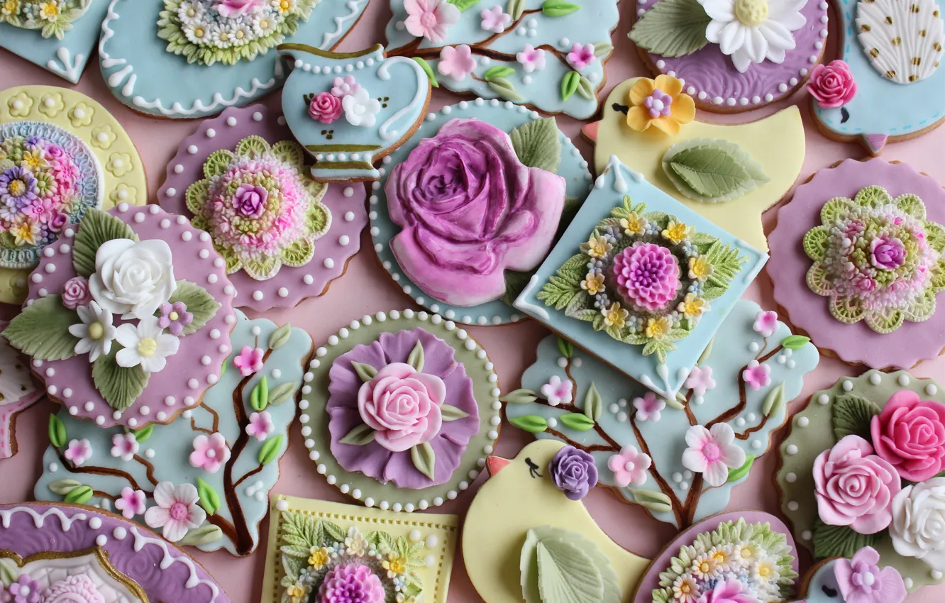 Photo wallpaper flowers, colored, spring, cookies, form, sweet, glaze