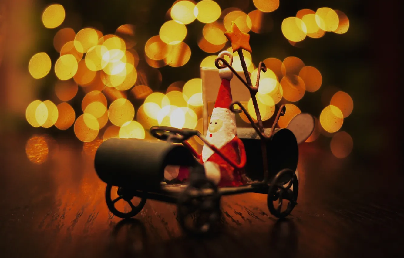 Photo wallpaper lights, table, mood, holiday, toy, new year, sleigh, Santa Claus