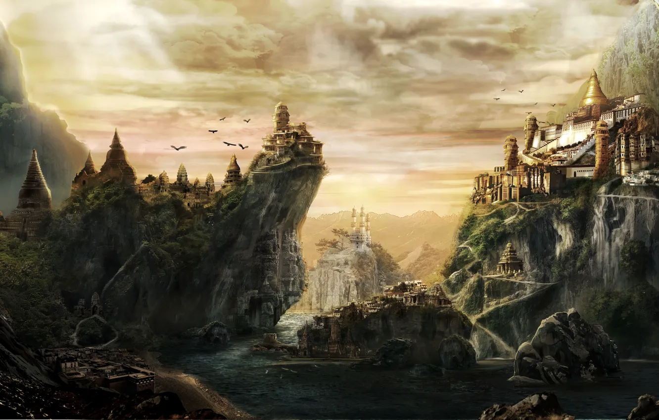 Photo wallpaper the city, rocks, bird, Bay