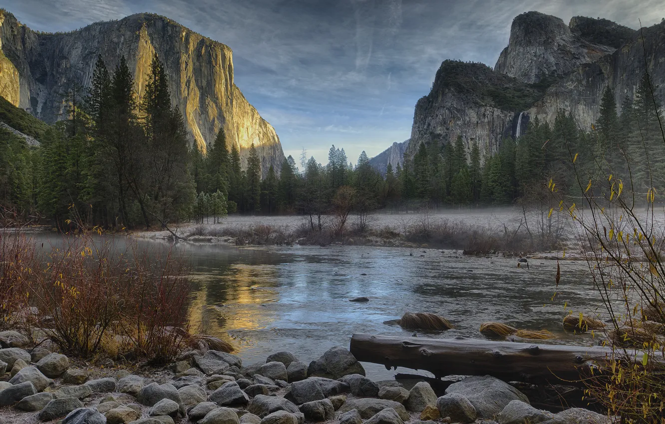 Photo wallpaper winter, forest, mountains, river, stones, USA, Yosemite national Park, December