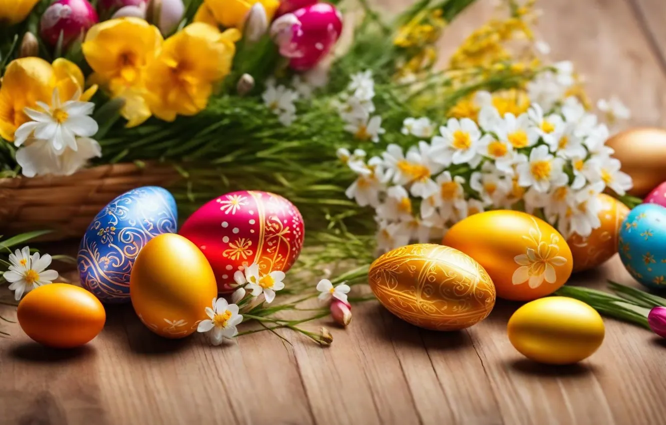 Photo wallpaper flowers, eggs, spring, colorful, Easter, flowers, spring, Easter
