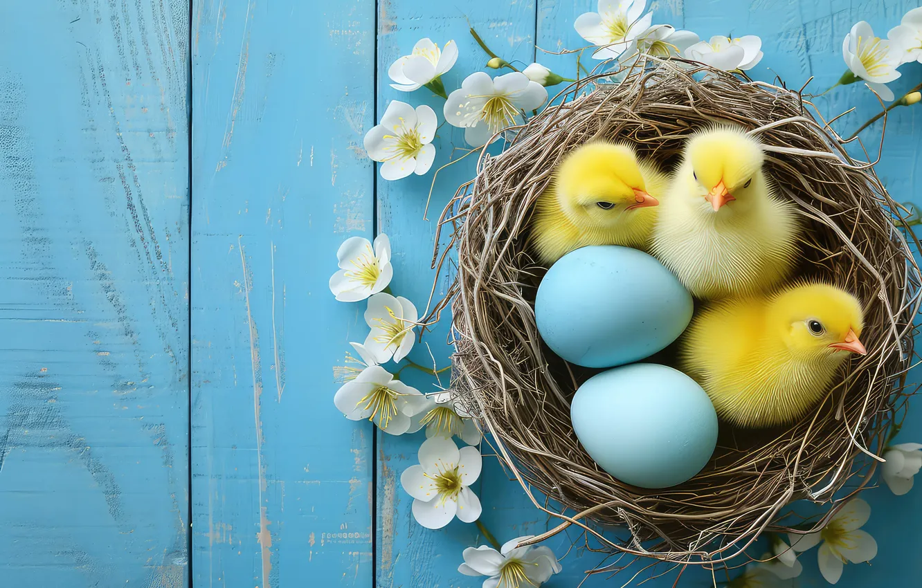 Photo wallpaper flowers, chickens, eggs, spring, Easter, wood, flowers, spring