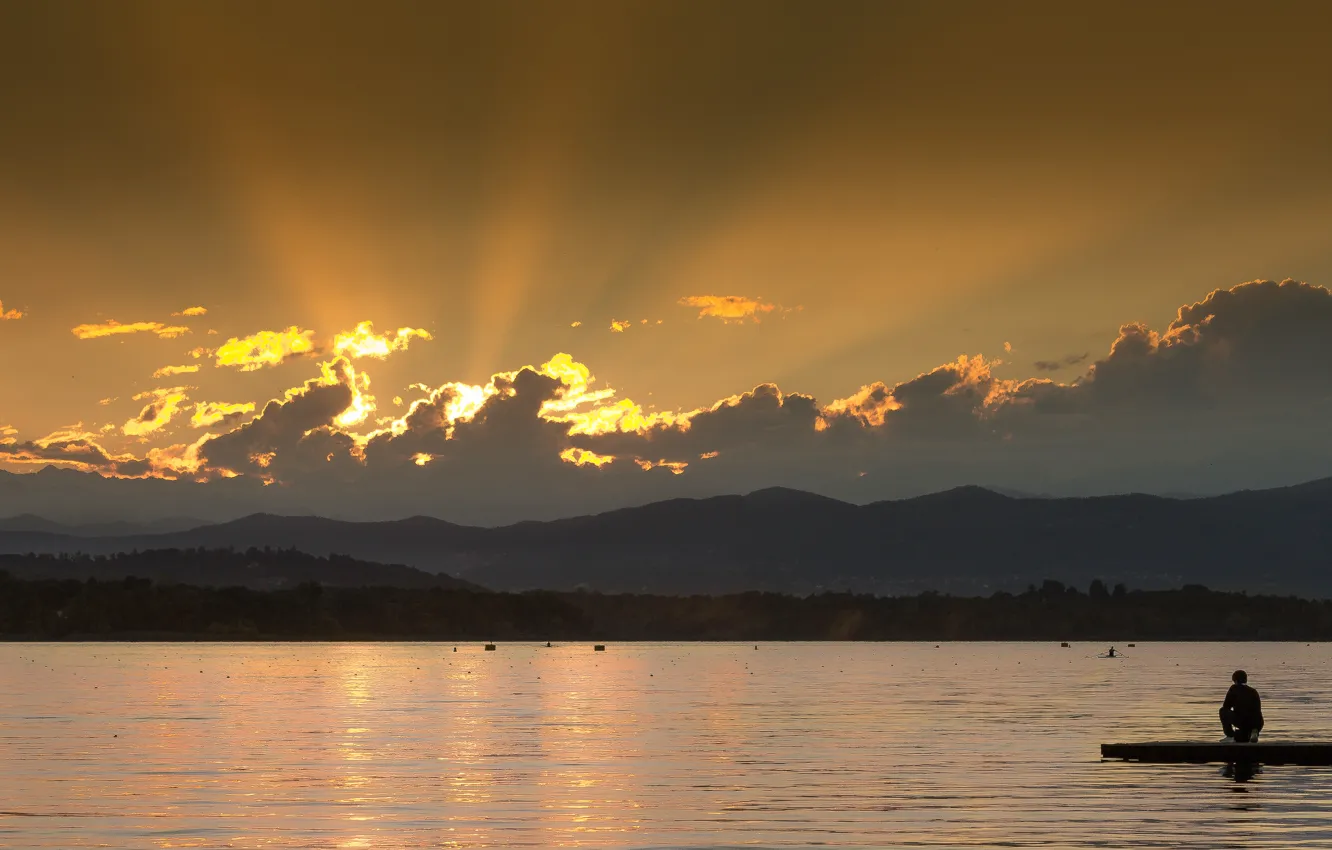 Photo wallpaper clouds, sunset, mountains, nature, lake, waiting, nature, sunset