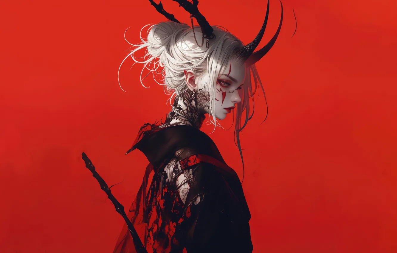 Photo wallpaper anime, tattoo, white hair, red background, horn, anime girl