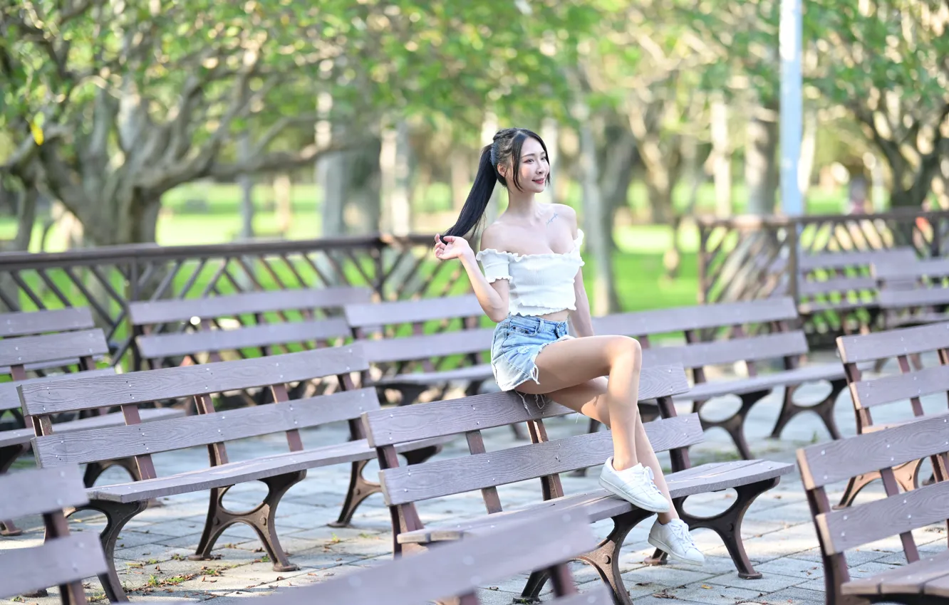 Photo wallpaper bench, brunette, neckline, top, Asian, cleavage, gesture, brunette