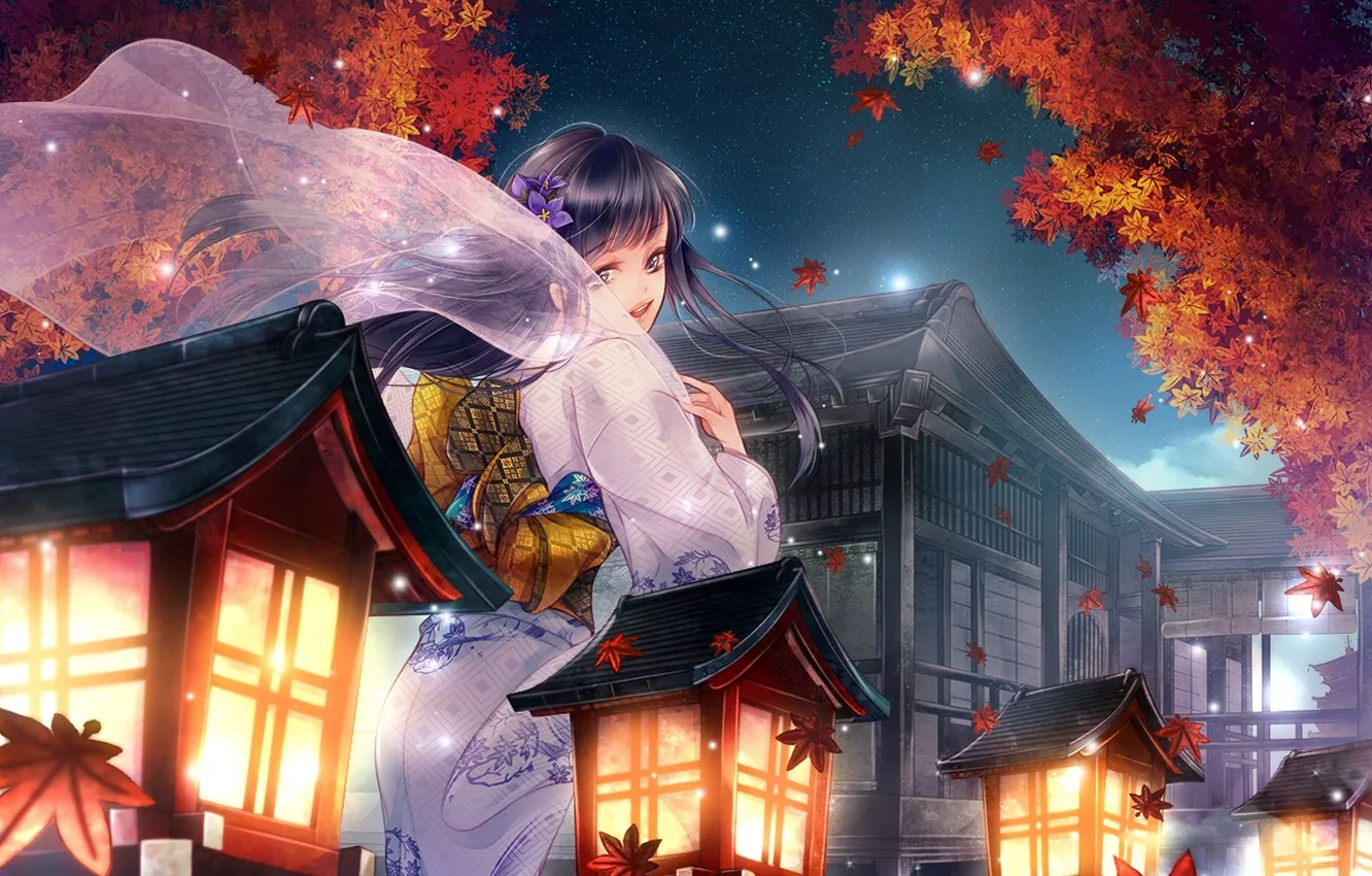Photo wallpaper leaves, girl, stars, night, home, anime, art, kimono