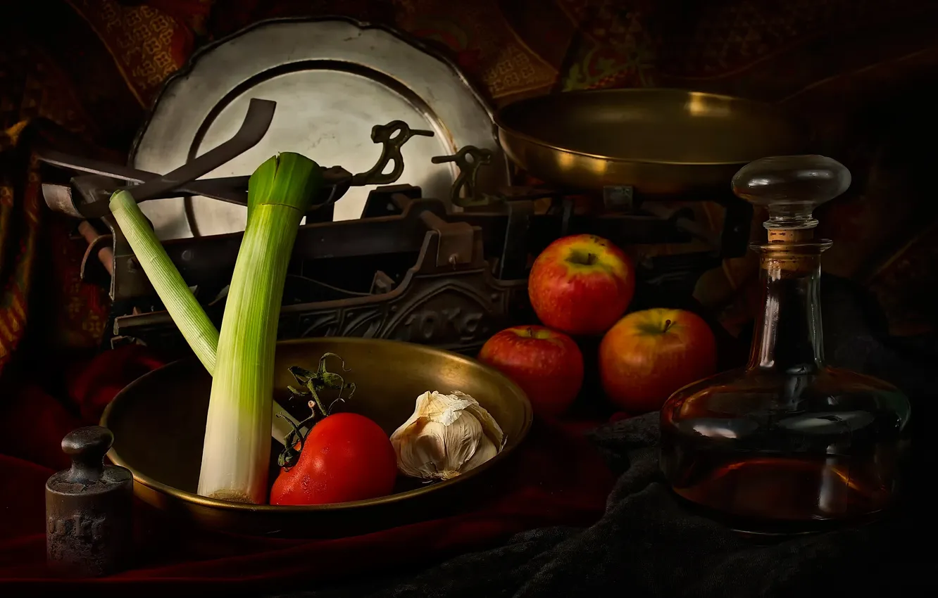 Photo wallpaper apples, bow, Libra, tomato, garlic