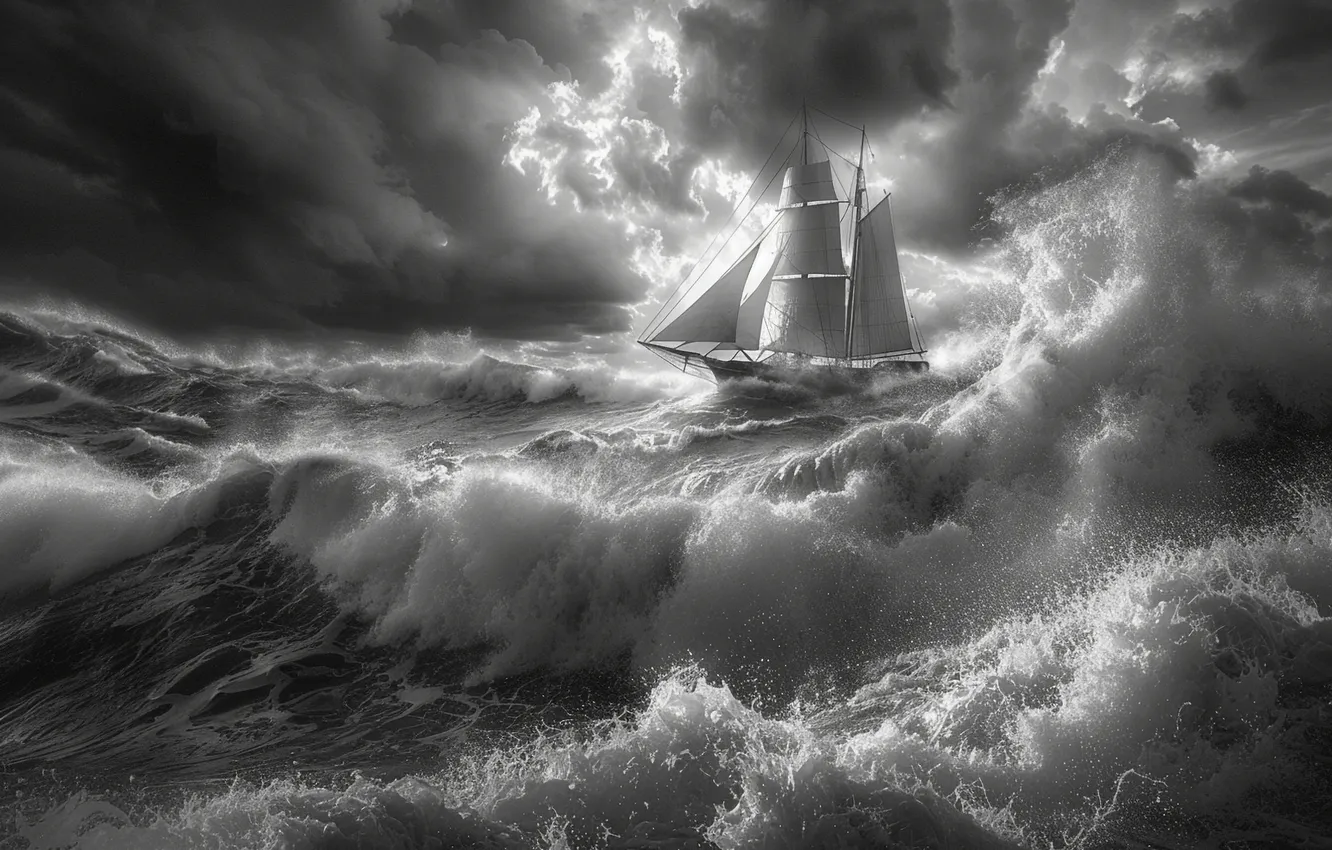Photo wallpaper Sea, Wave, Ship, Clouds, Sailboat, Digital art, Black and white, AI art
