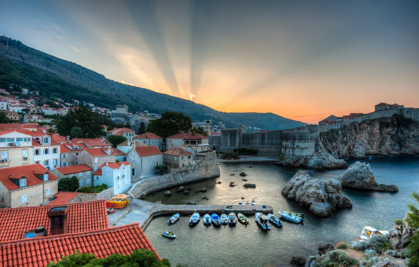 Photo wallpaper landscape, sunrise, Bay, panorama, boats, Croatia, Croatia, Dubrovnik
