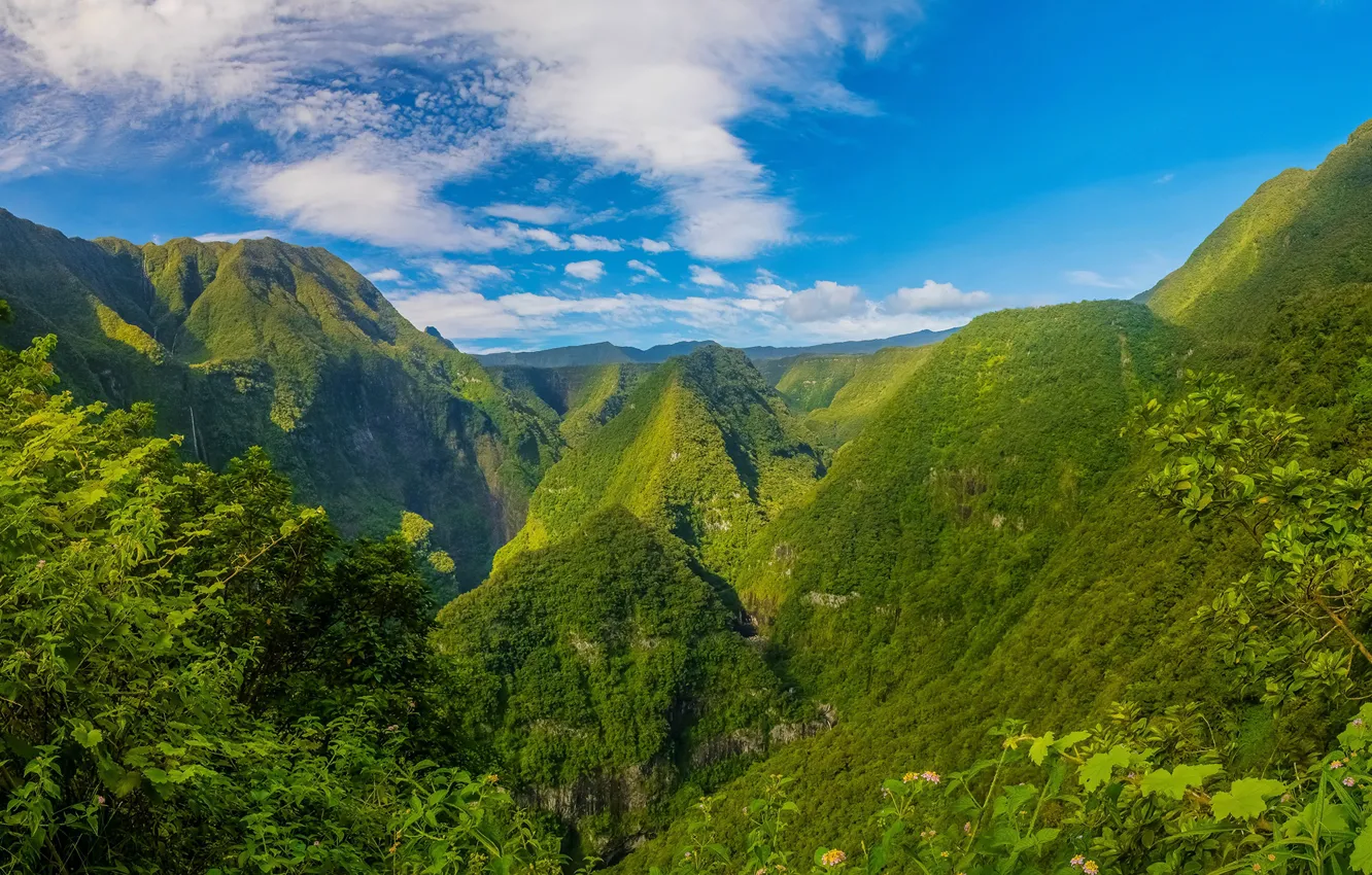 Photo wallpaper greens, the sky, clouds, mountains, rocks, France, gorge, Sunny