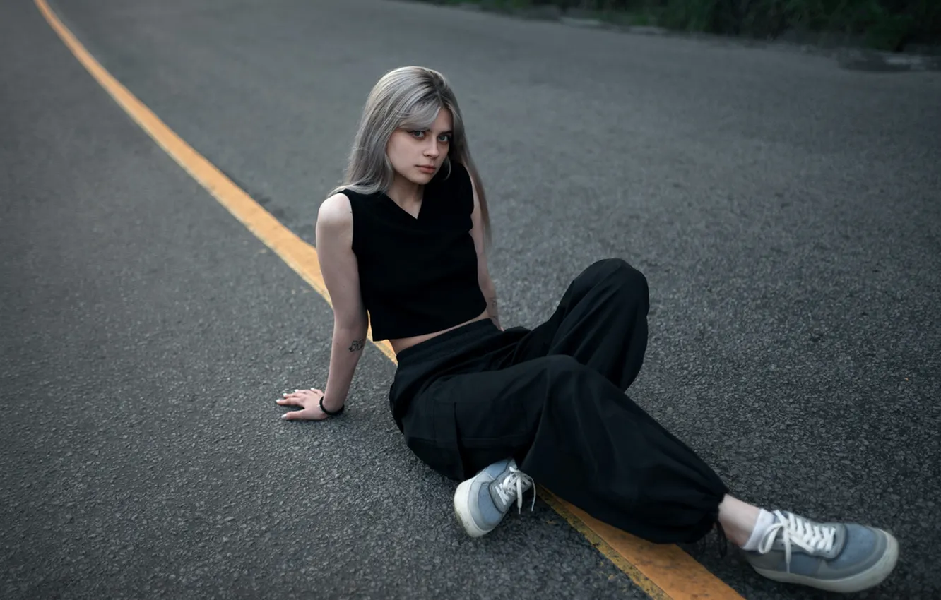 Photo wallpaper girl, young, beautiful, model, blonde, black clothes, long-haired, sneakers