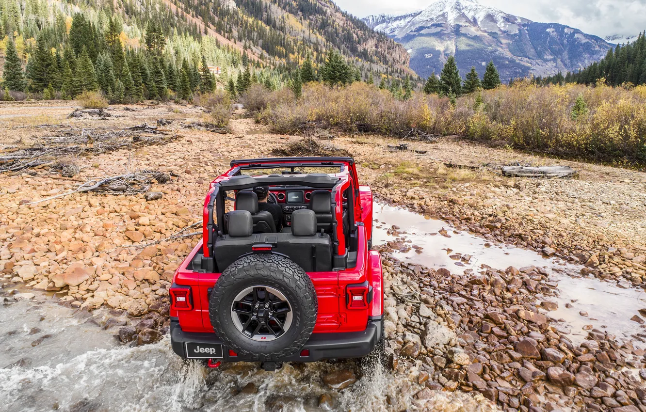 Photo wallpaper water, red, rear view, 2018, Jeep, Wrangler Rubicon, departure to the shore