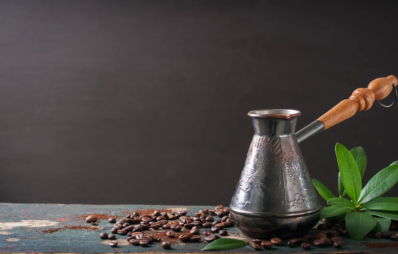 Photo wallpaper leaves, table, coffee, placer, grey background, coffee beans, Turk