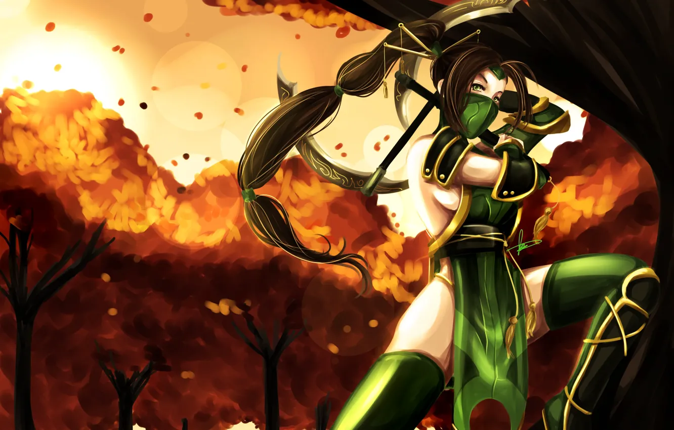 Photo wallpaper look, girl, trees, weapons, hair, the game, costume, long