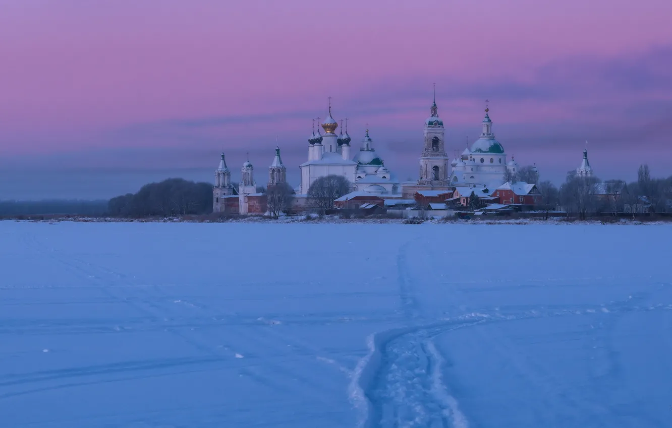 Photo wallpaper winter, snow, dawn, morning, Russia, the monastery, temples, Church