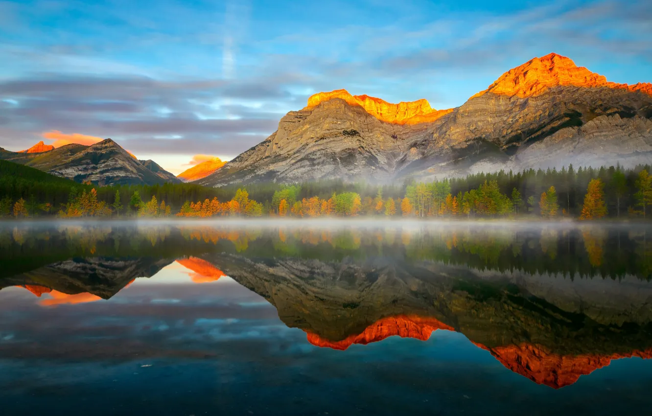 Photo wallpaper autumn, mountains, nature, fog, mountain lake
