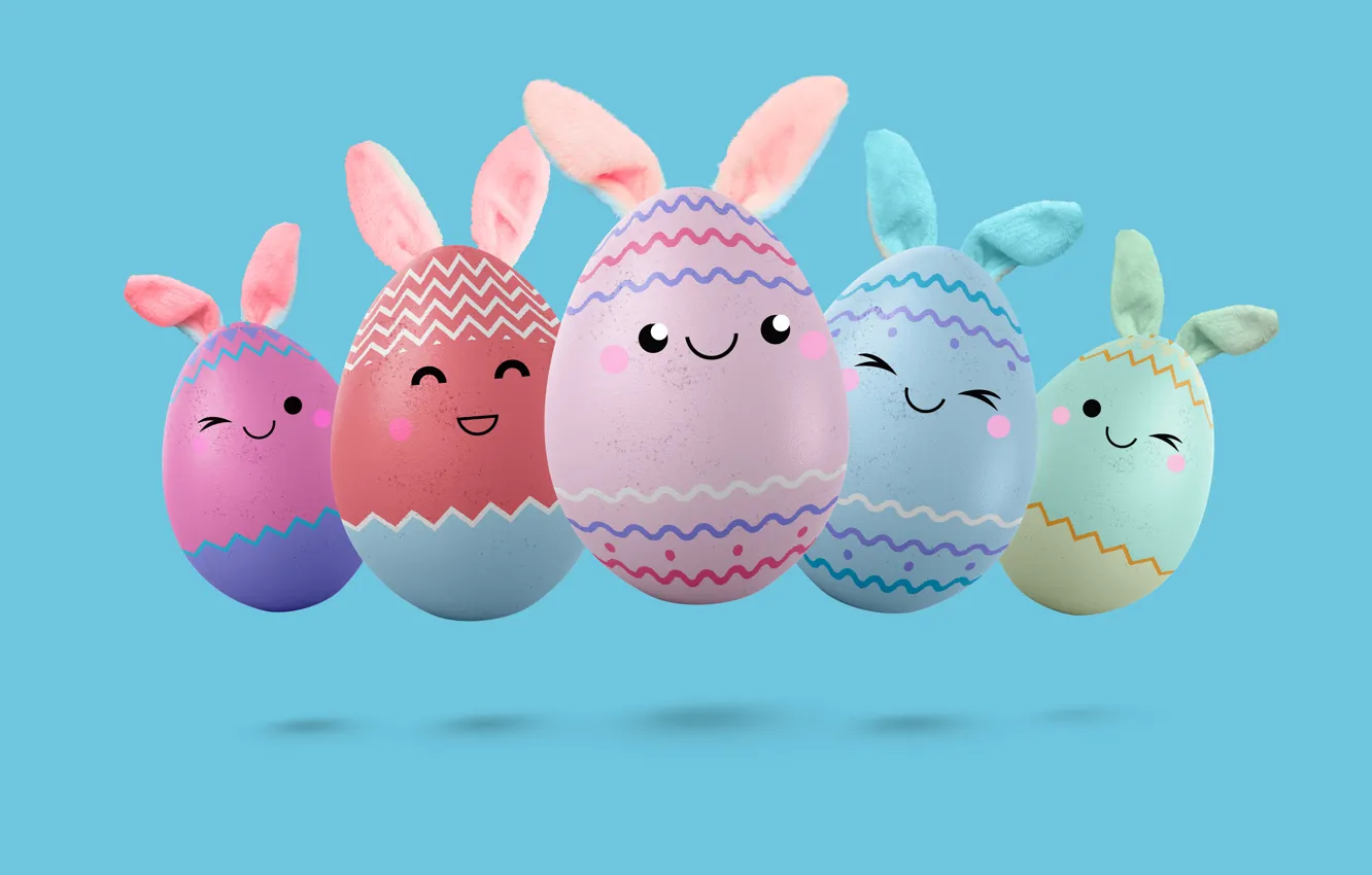 Photo wallpaper muzzle, Bunny, smile, rabbit, rendering, holiday, colorful, blue background