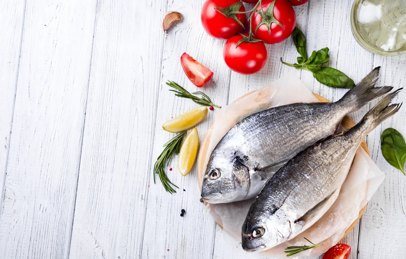 Photo wallpaper lemon, fish, tomatoes, Dorado