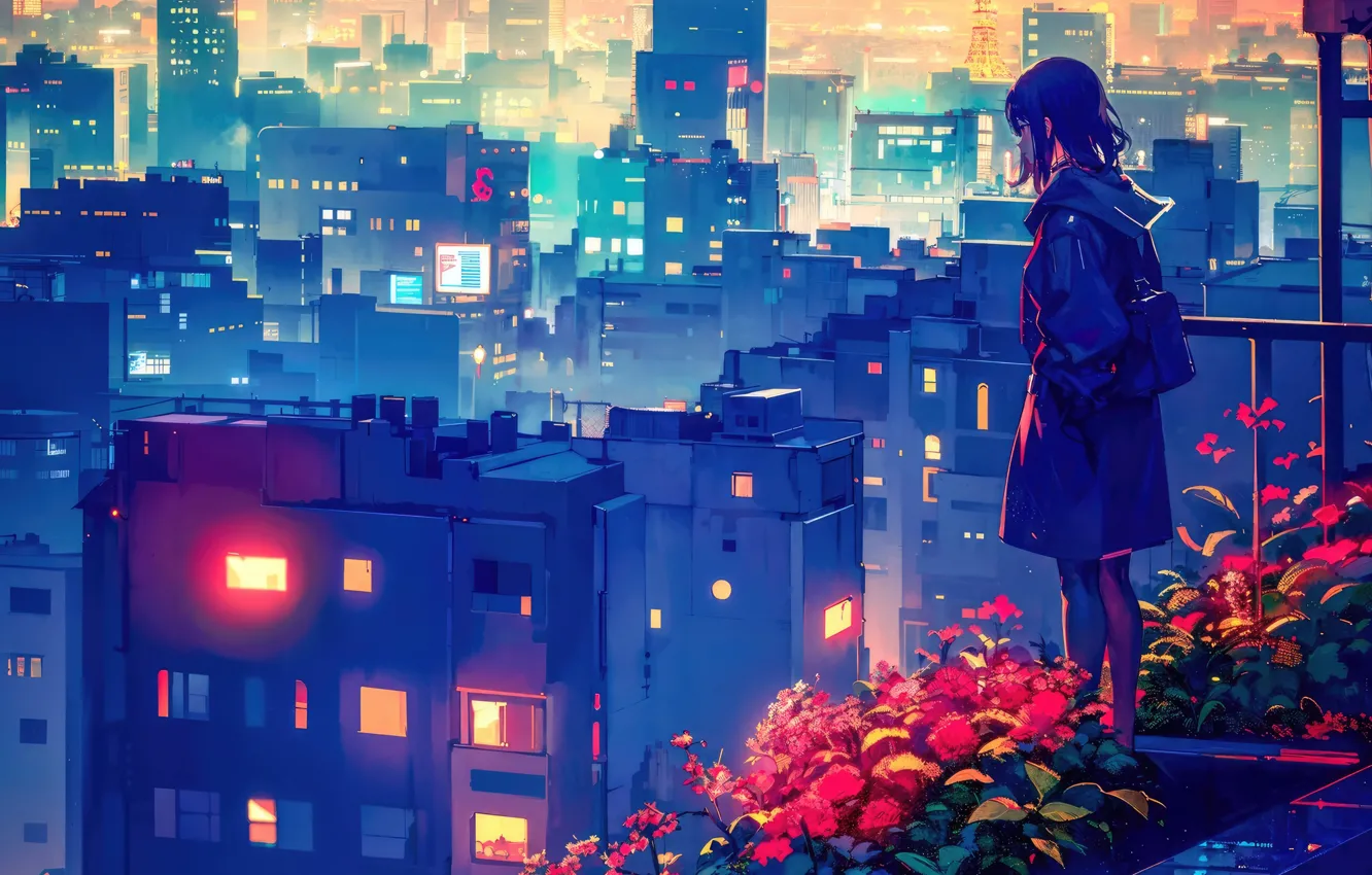 Photo wallpaper city, lights, girl, anime, urban, isolation