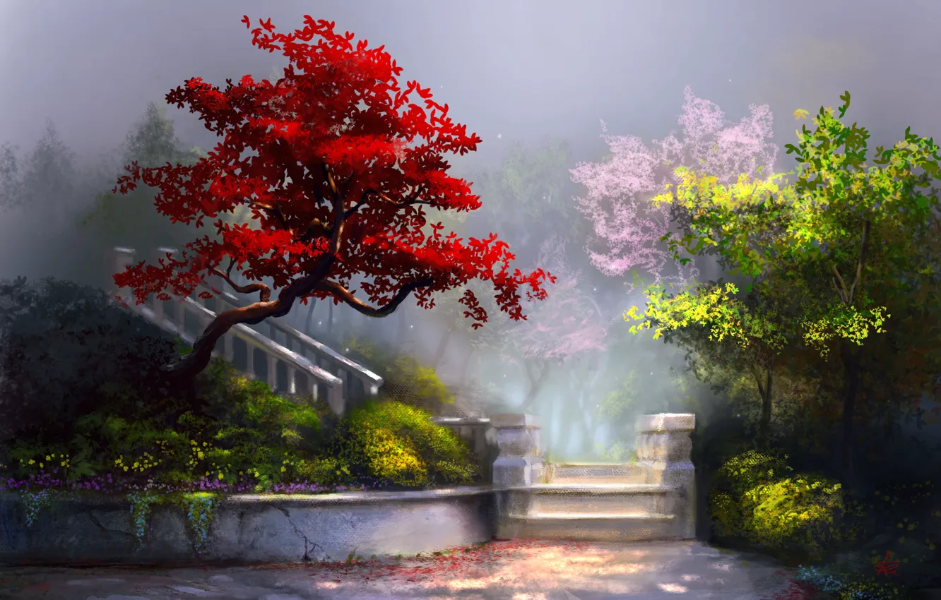 Photo wallpaper trees, flowers, nature, art, ladder, painting